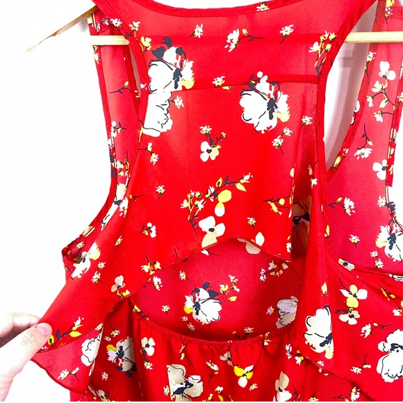 Studio Y Red Ruffle Floral Keyhole Back Chiffon Sleeveless Blouse Tank Top Red M - Picture 4 of 9